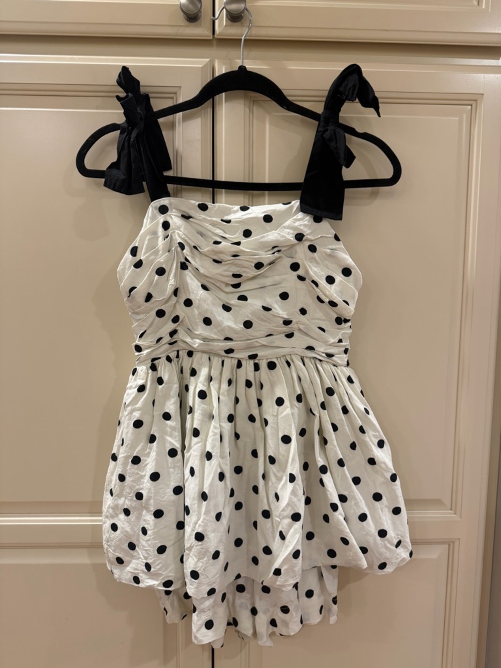 En Saison White Polka Dot Romper with Black Bow Straps